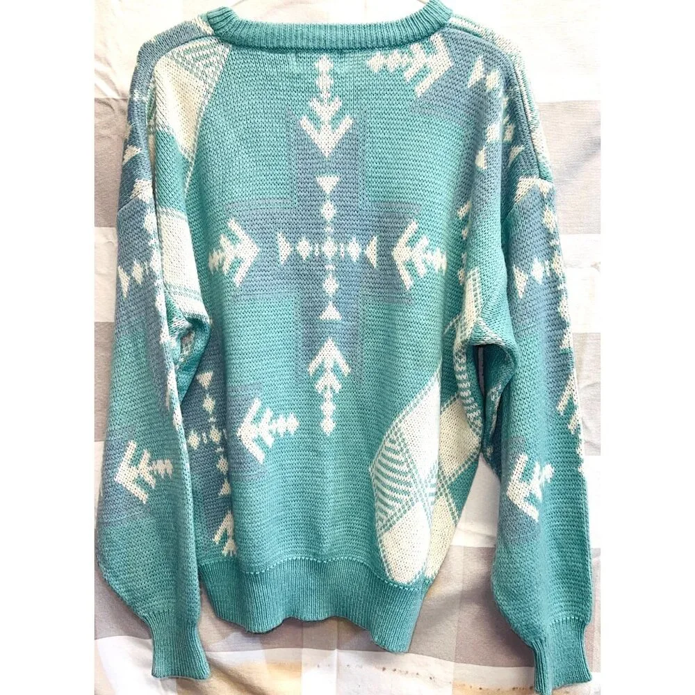 St. Johns Bay Women’s Teal/Purple & White Geometric Sweater Large Acrylic/Nylon - Picture 2 of 4